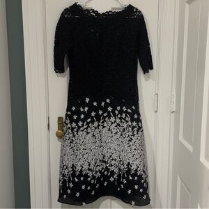 Rickie Freeman for Teri Jon Black Lace and Metallic Floral Embroidered Dress 4